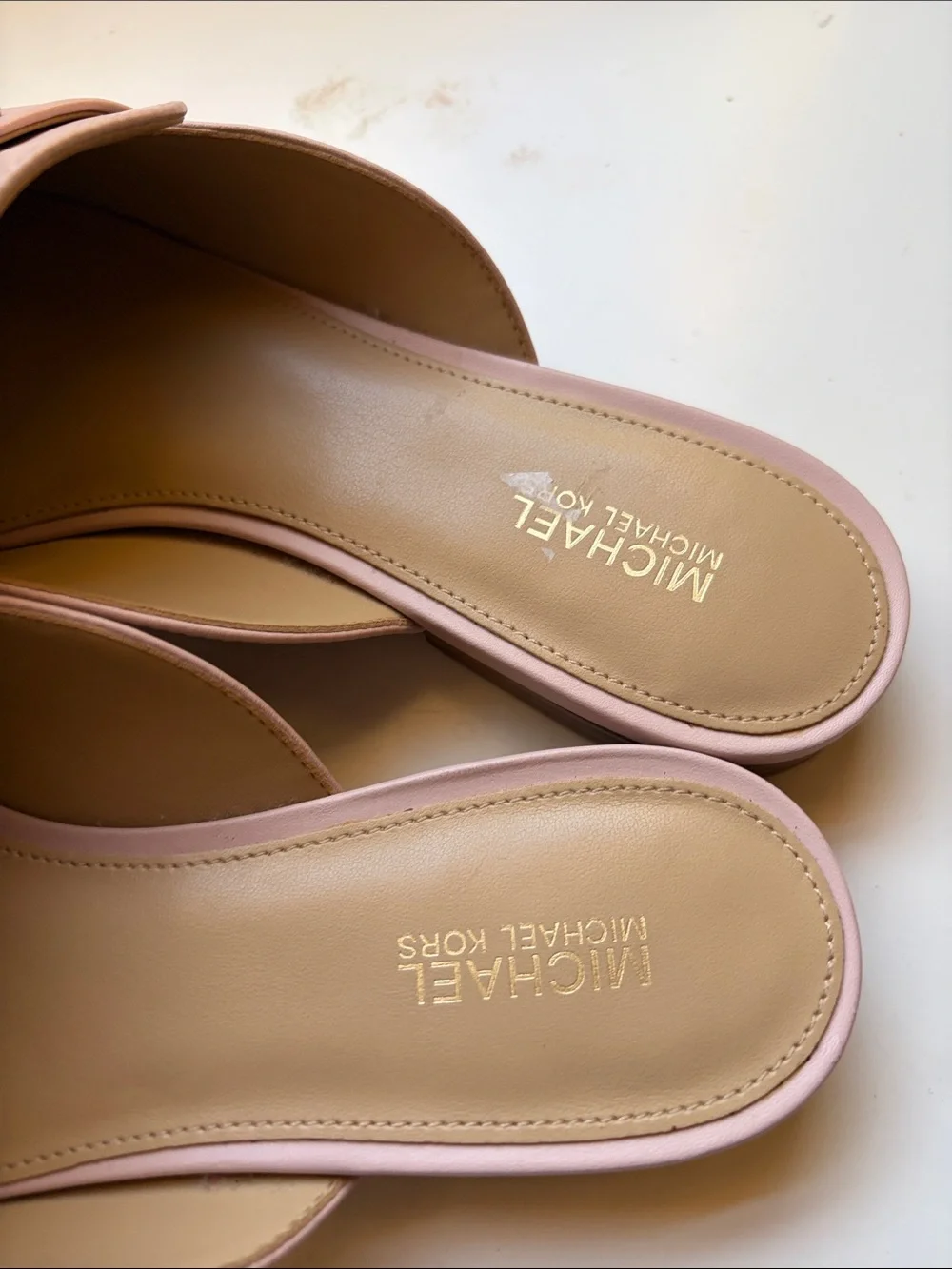 Michael Kors Blush Pink Leather Slip-On Mules with silver MK Accent